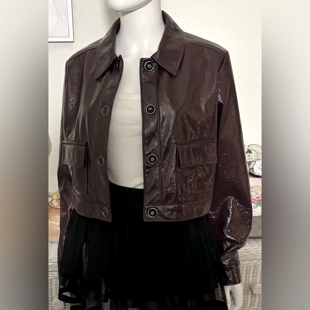 Boden Faux Patent Leather Jacket Cropped Lined in Burgundy Oversized Fit Size 8